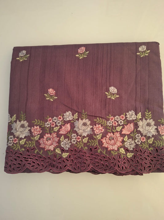 maroon semi tussar cut work with floral embroidery saree