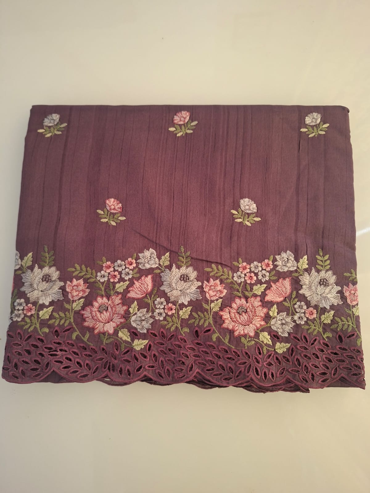 maroon semi tussar cut work with floral embroidery saree