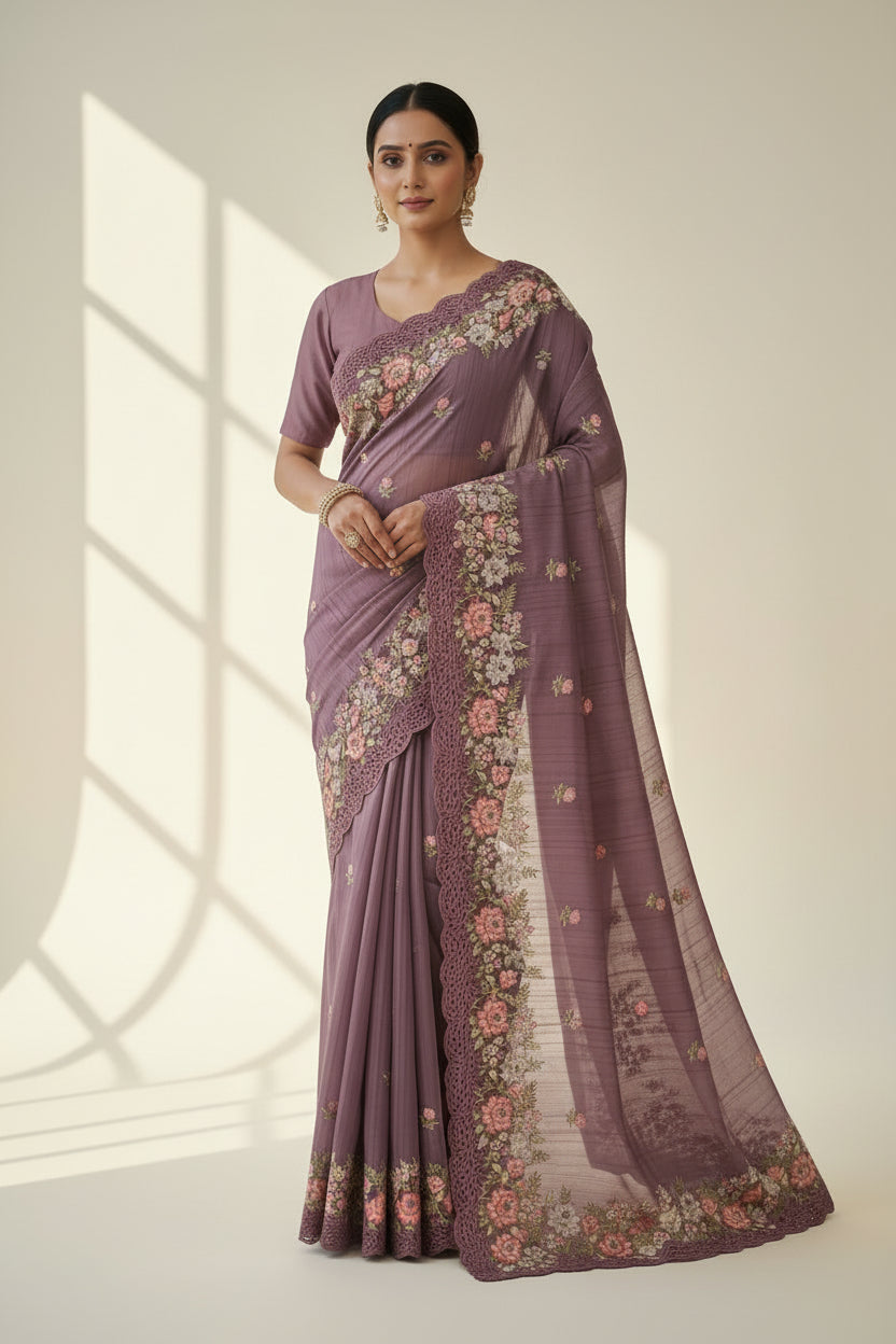 Purple fabric with floral embroidery on a beige background