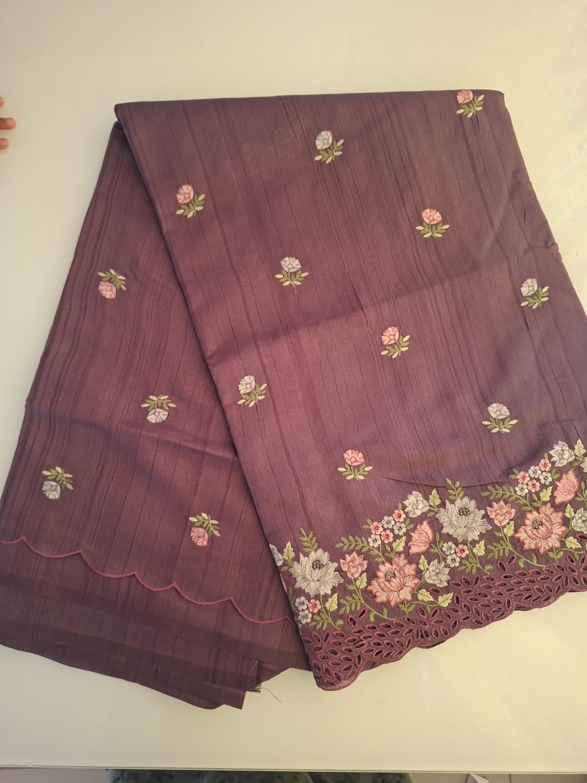 maroon semi tussar cut work with floral embroidery saree