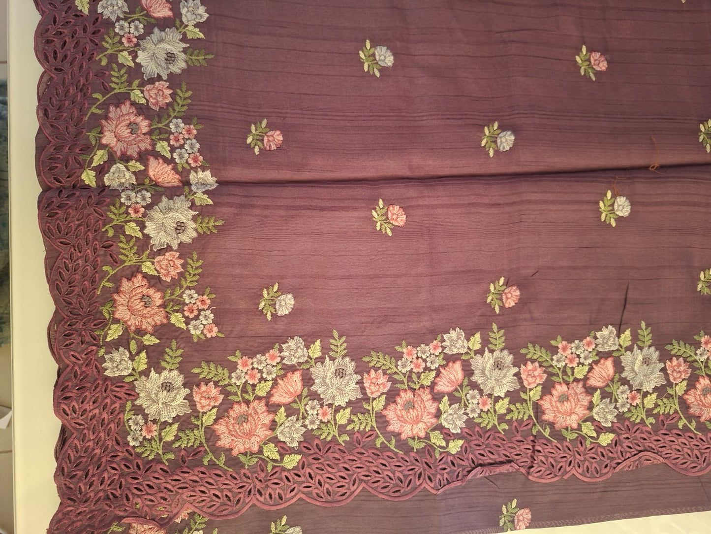 maroon semi tussar cut work with floral embroidery saree