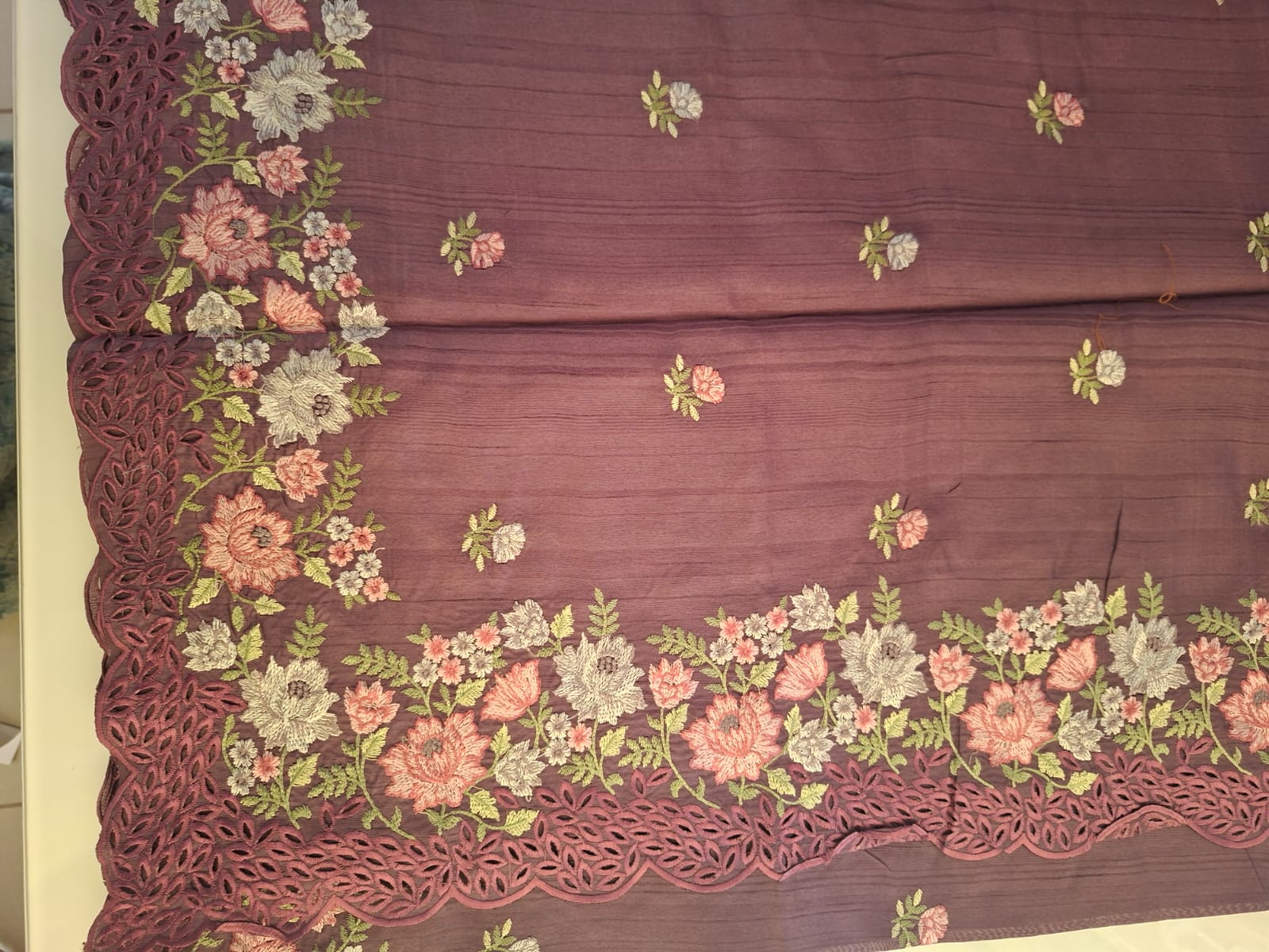 maroon semi tussar cut work with floral embroidery saree