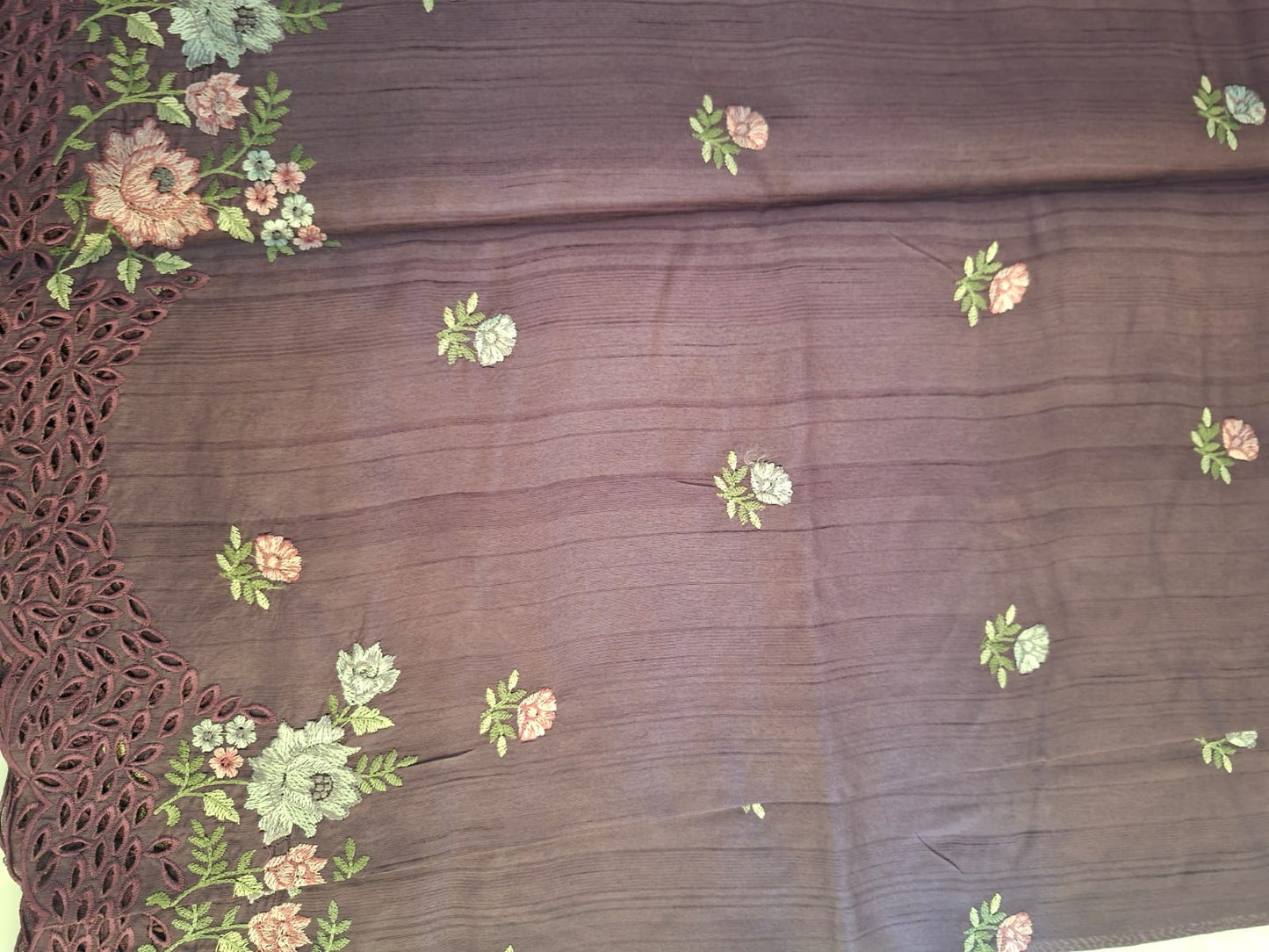 maroon semi tussar cut work with floral embroidery saree