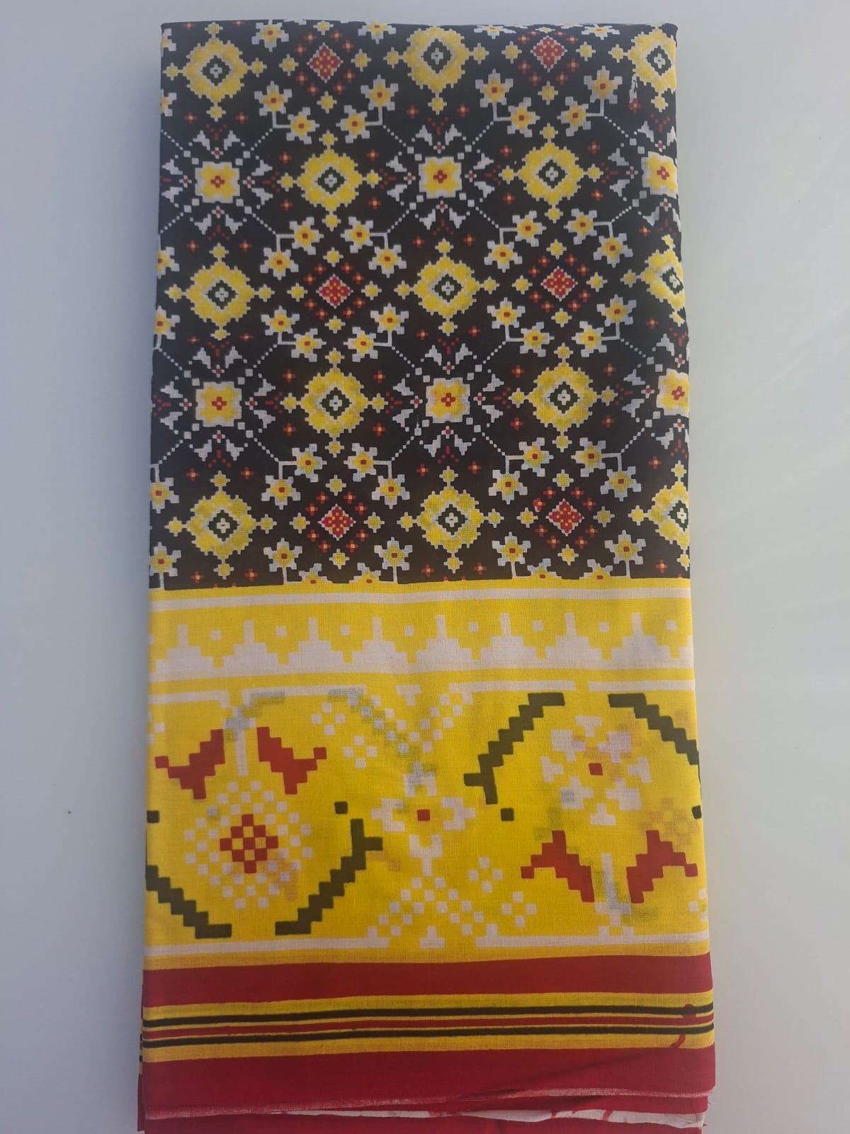 black  with yellow bagru  mul- mul cotton saree