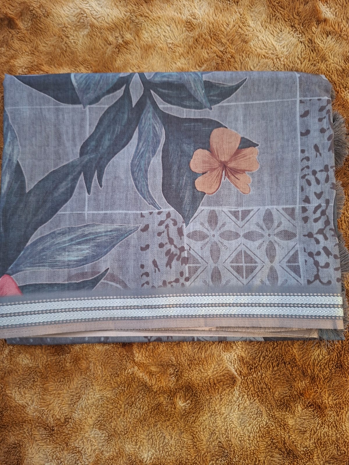 grey colour semi chanderi floral saree