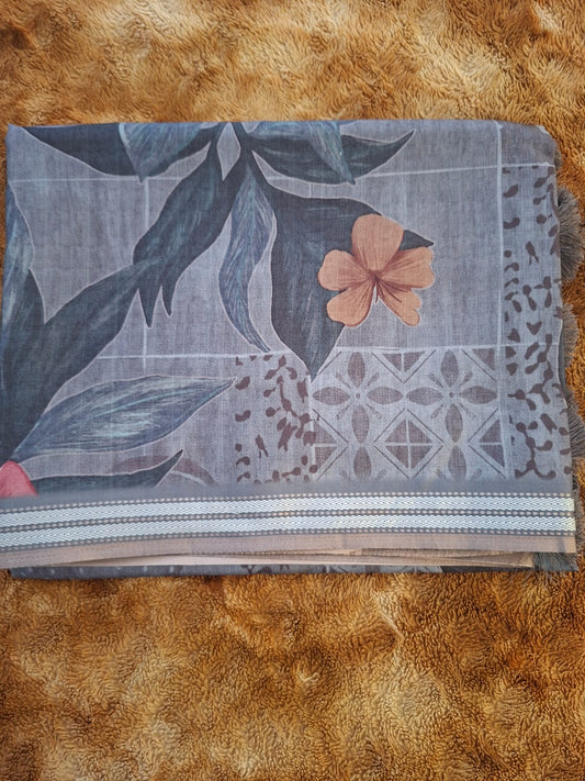 grey colour semi chanderi floral saree