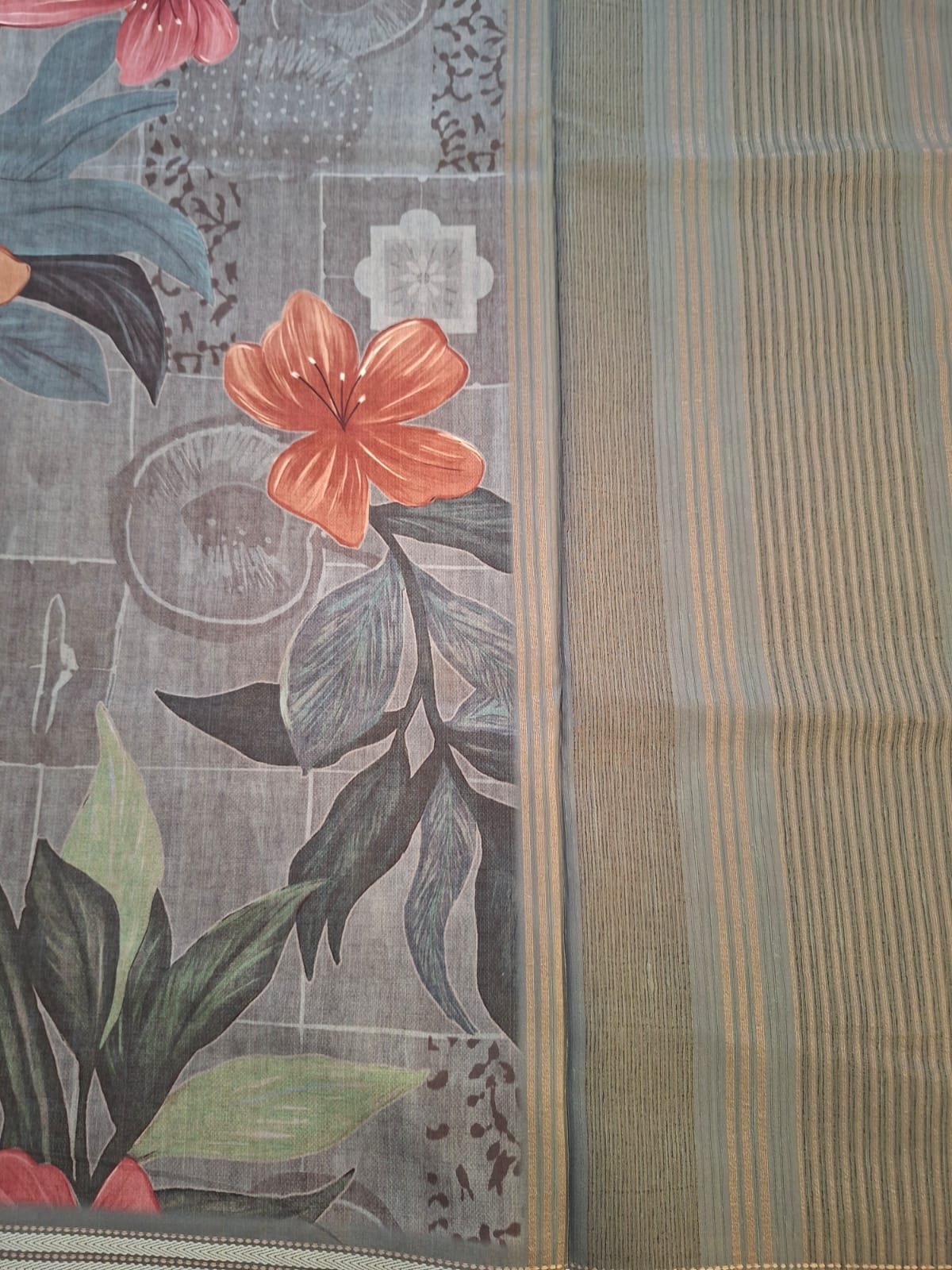 grey colour semi chanderi floral saree