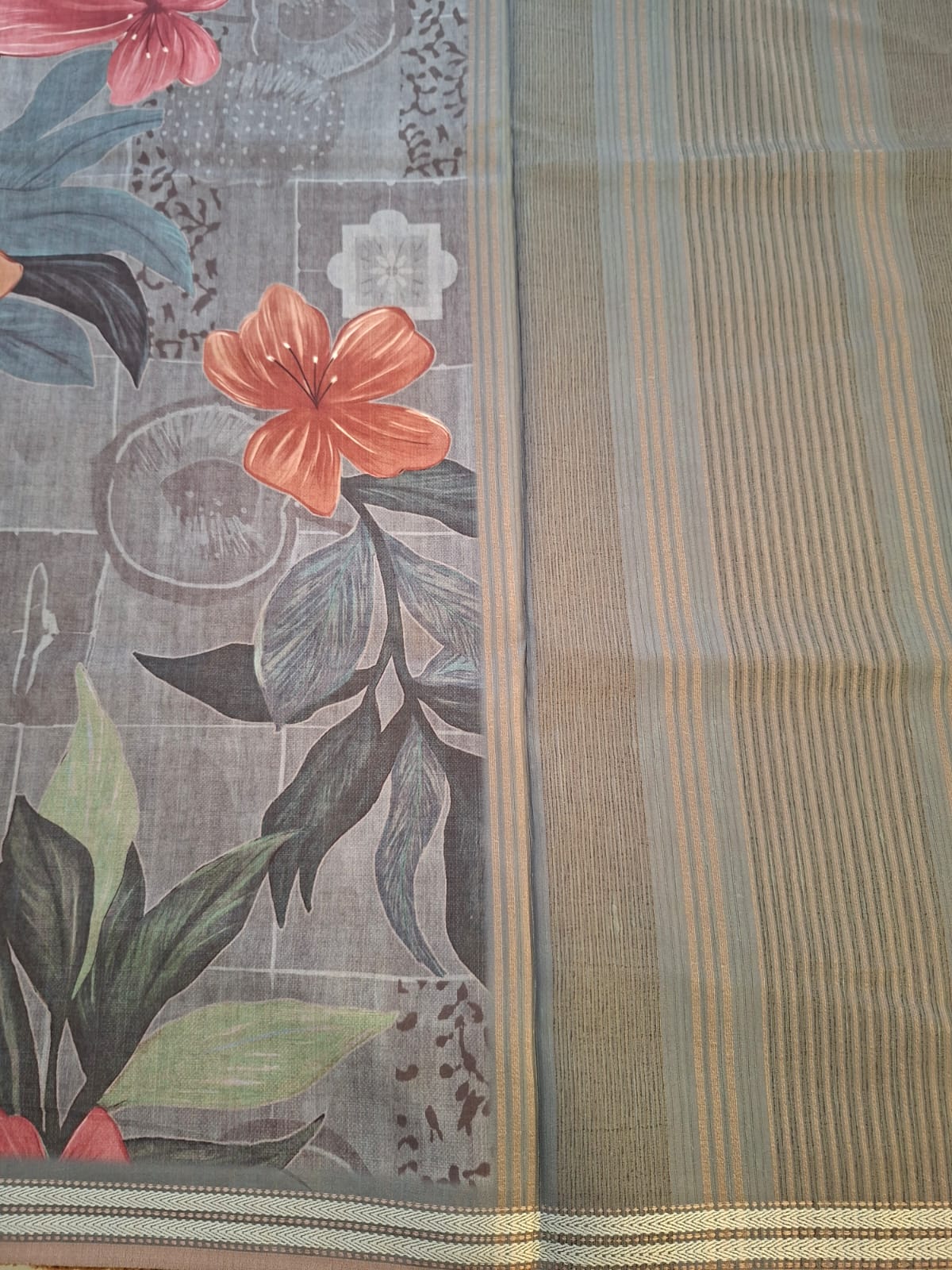 grey colour semi chanderi floral saree