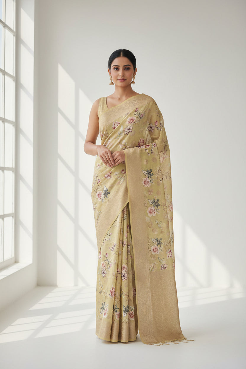 cream pure chiniya silk digital print saree