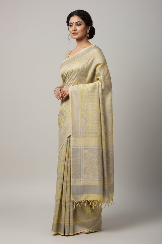 Folded fabric with geometric pattern on a brown surface