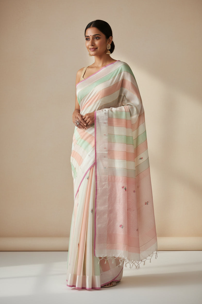 cream mango mashru rangkat  with satin border saree