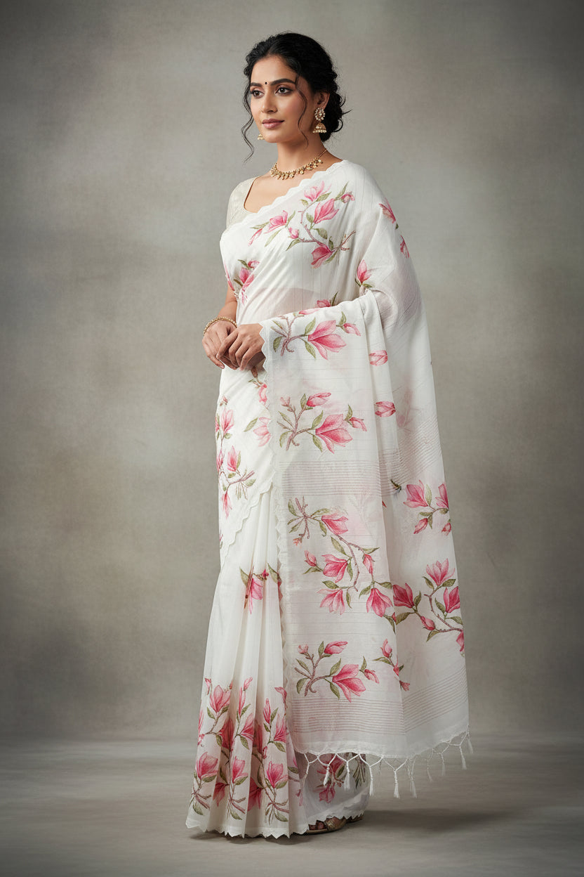 Floral fabric with pink flowers and green leaves on a gray surface