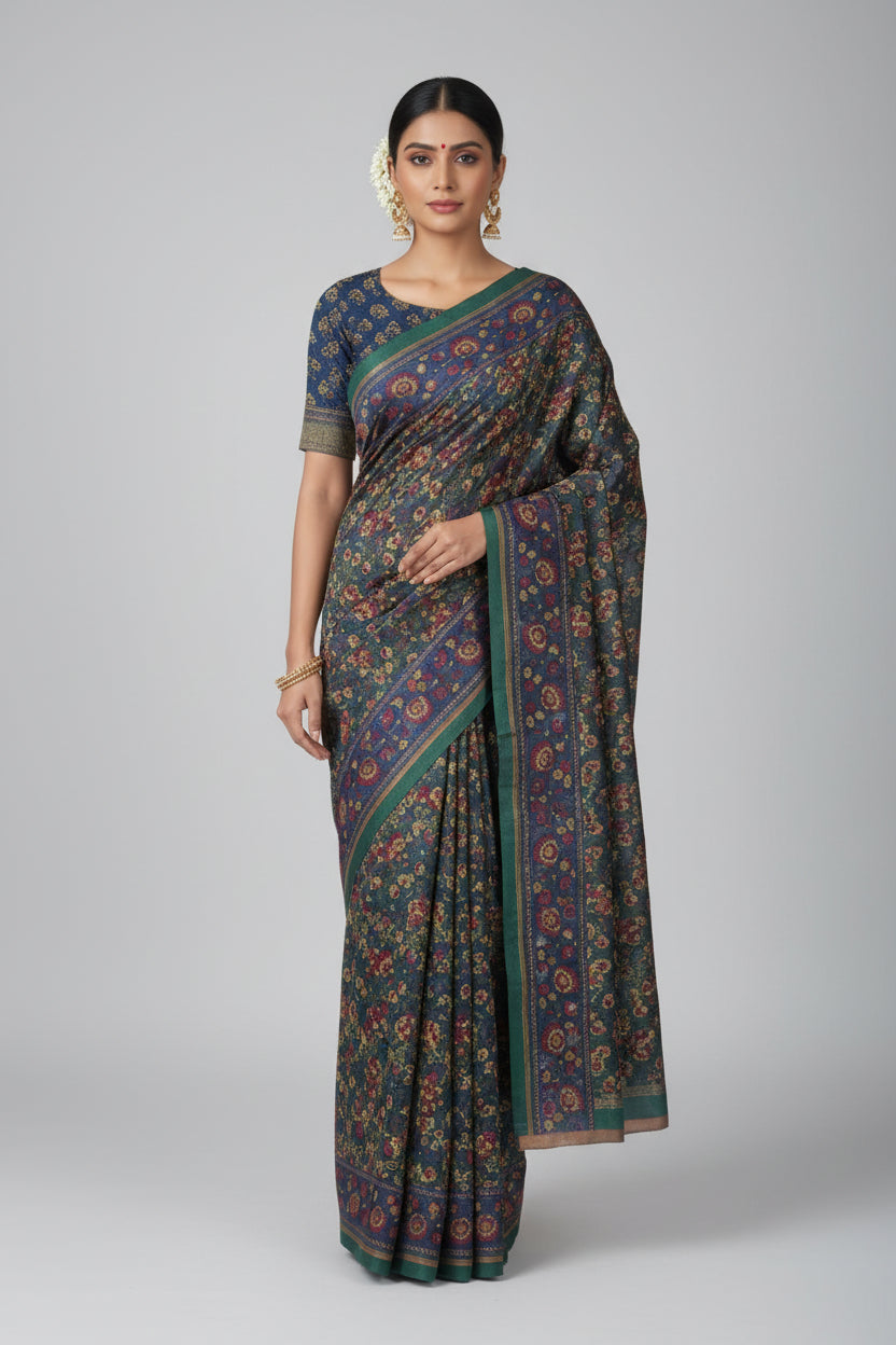 Floral patterned fabric with green, red, and blue colors on a white background