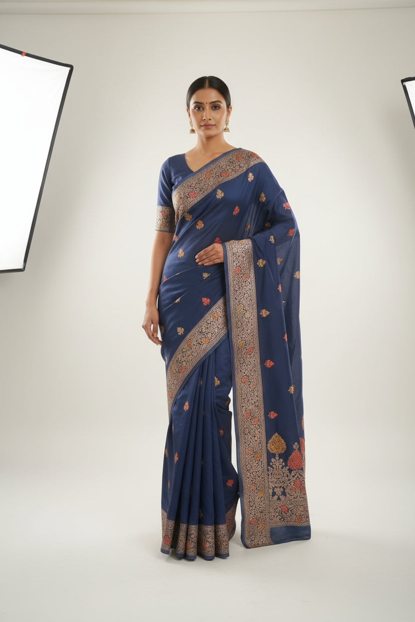 Blue fabric with intricate gold and orange patterns on a beige background