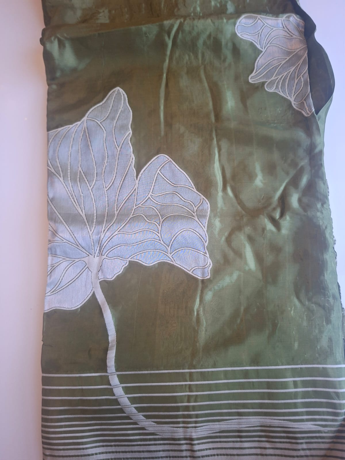Green butter silk with big flower embroidery motif