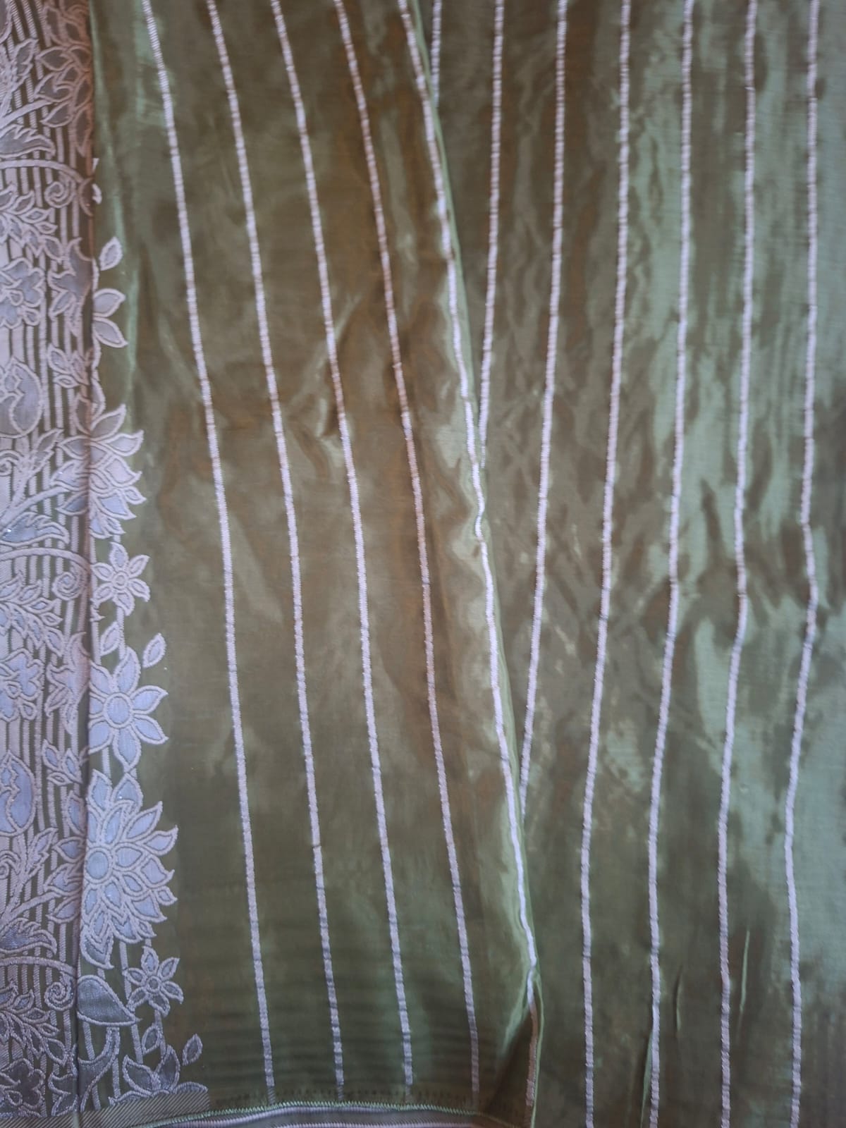 Green butter silk with big flower embroidery motif