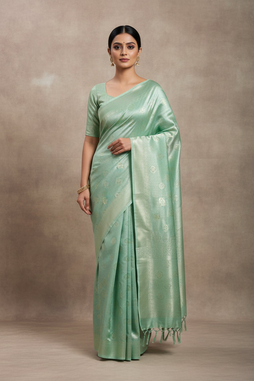 green tissue with brocade saree
