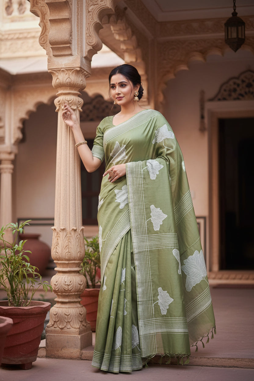 Green fabric with white floral embroidery on a brown background