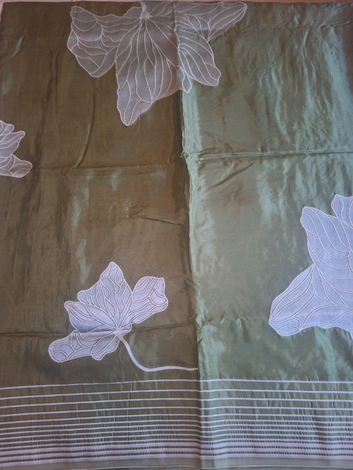 Green butter silk with big flower embroidery motif
