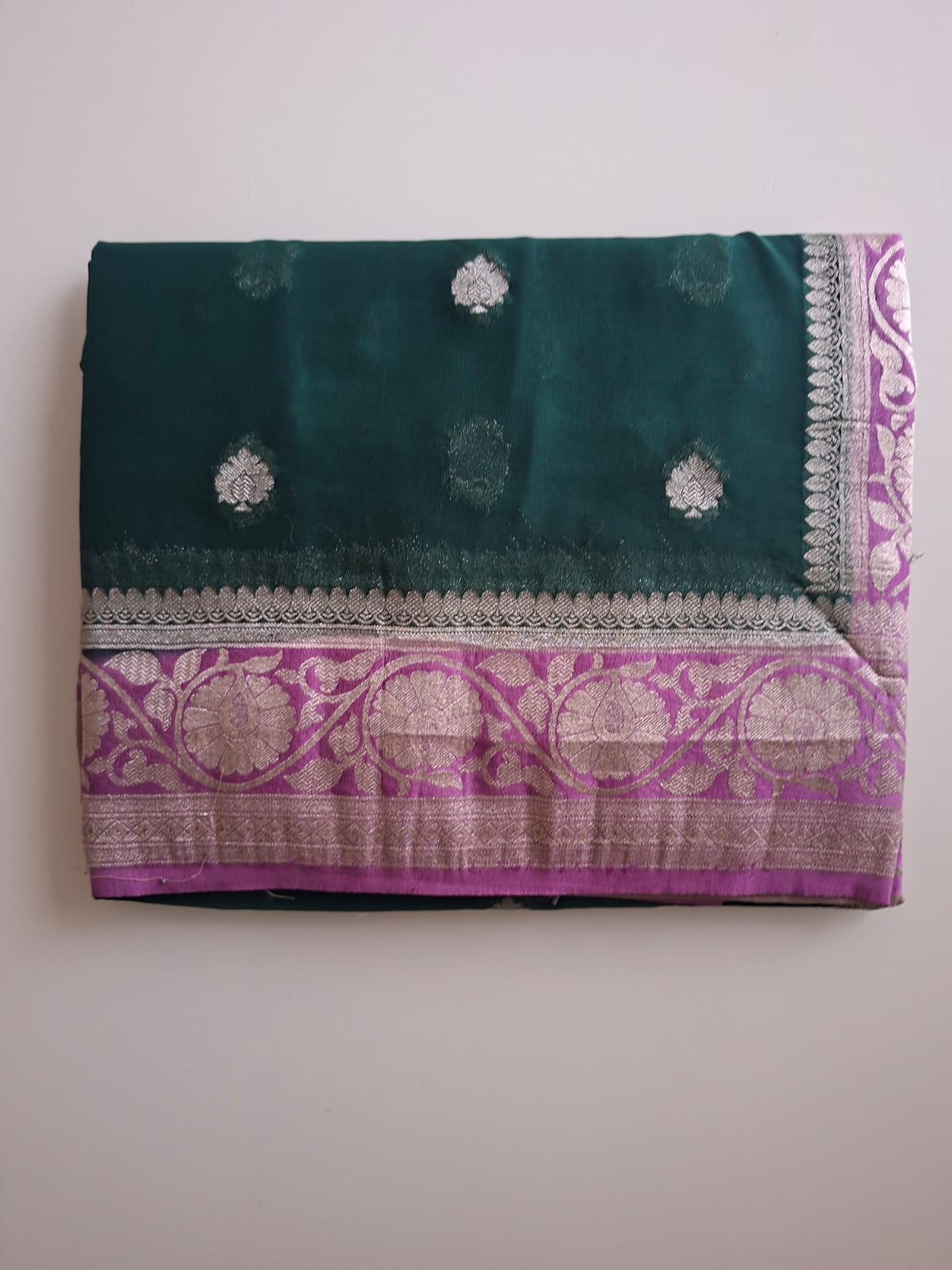 green semi chiffon with pink border and small motif