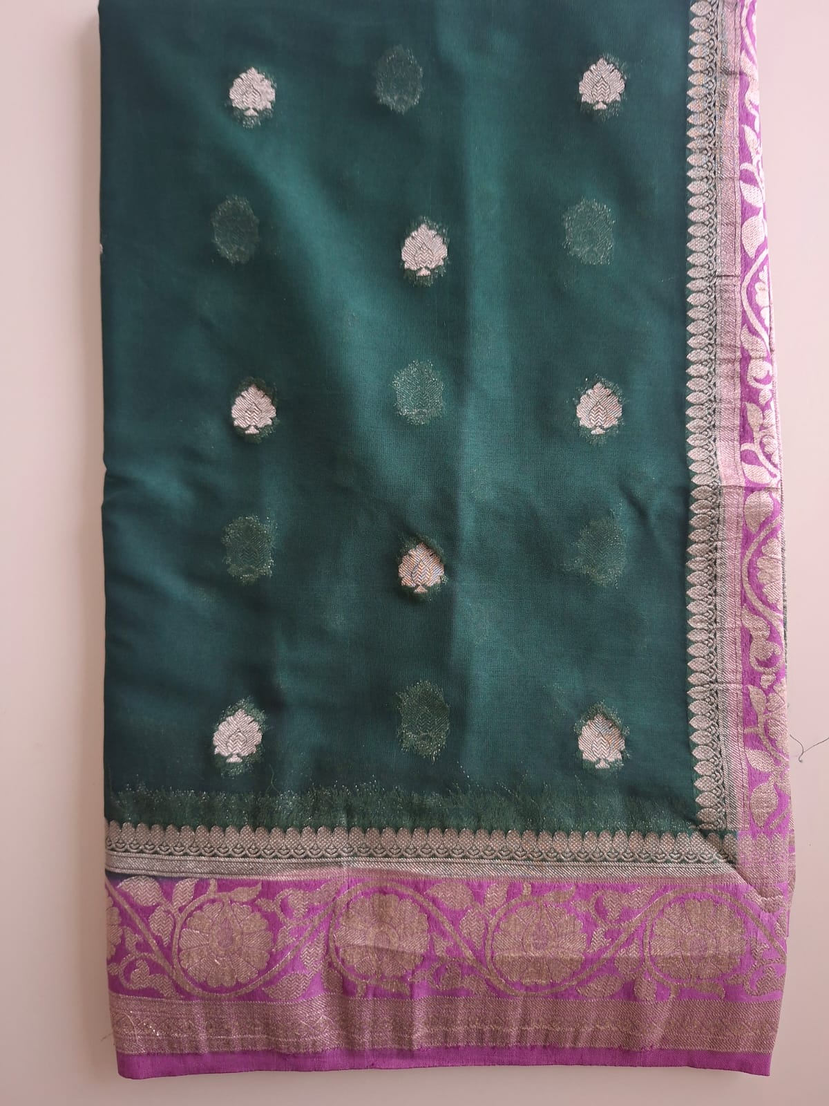 green semi chiffon with pink border and small motif