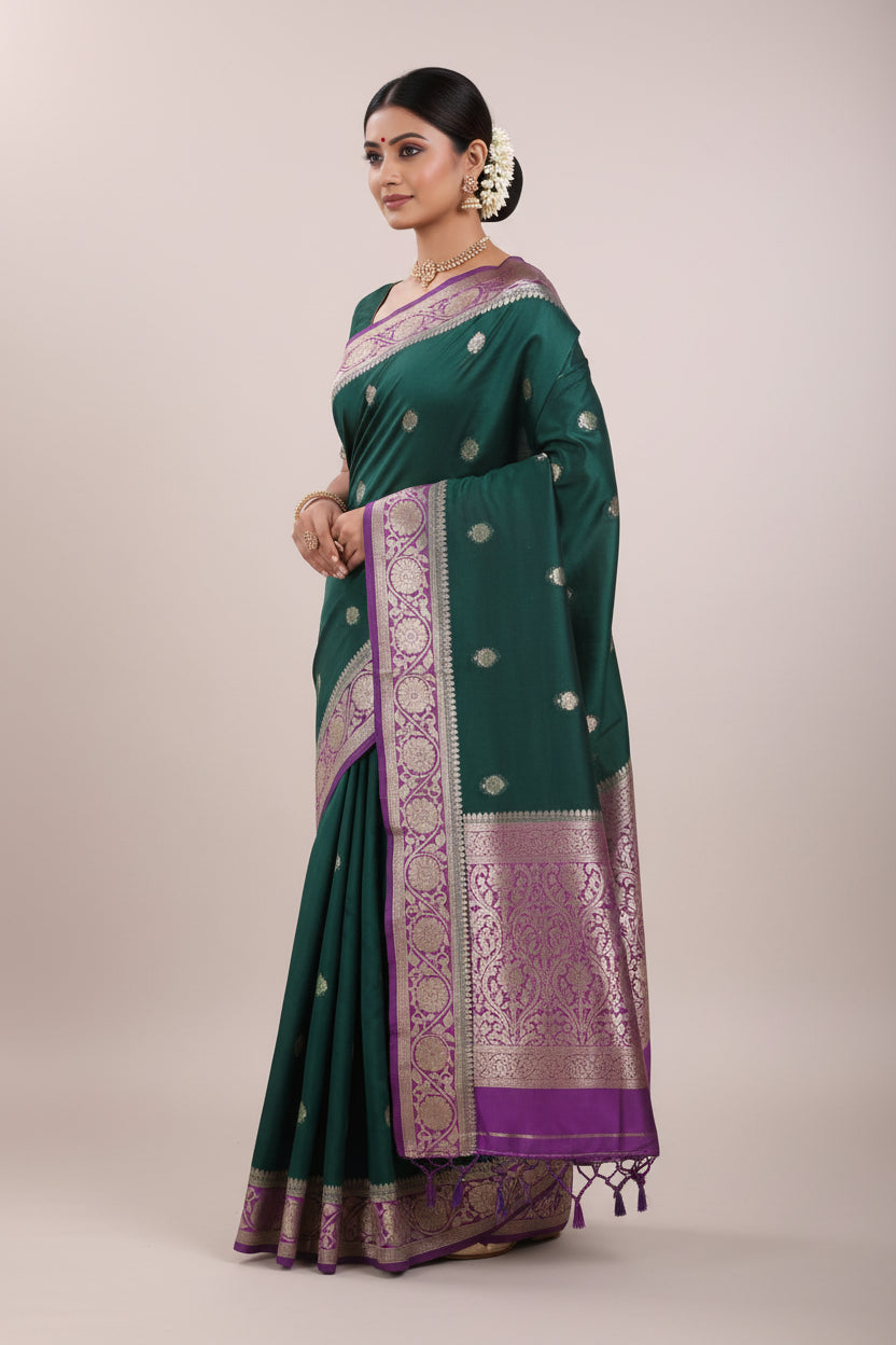 Green saree with silver and pink patterns on a light gray background