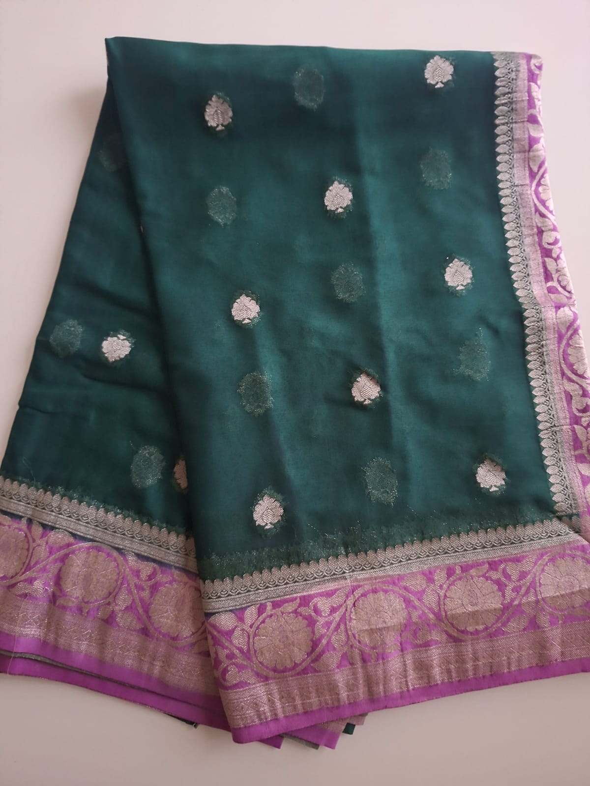 green semi chiffon with pink border and small motif