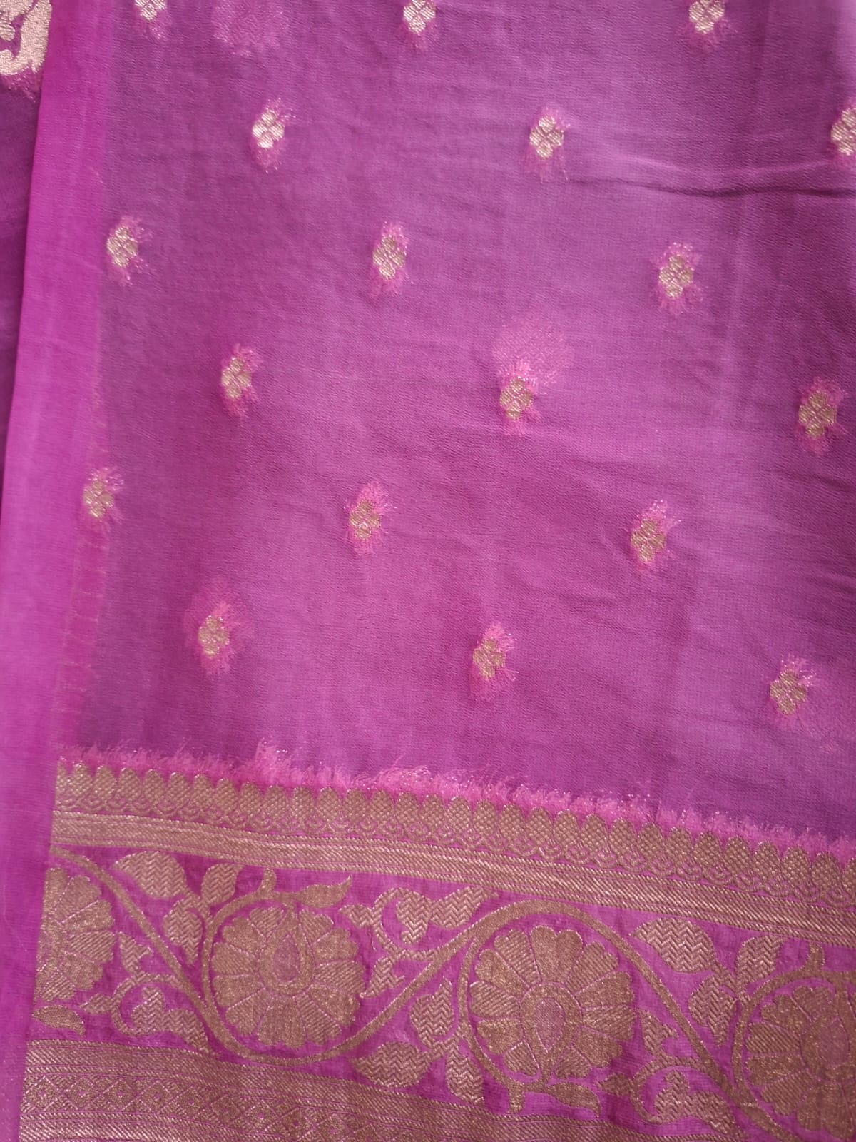 green semi chiffon with pink border and small motif