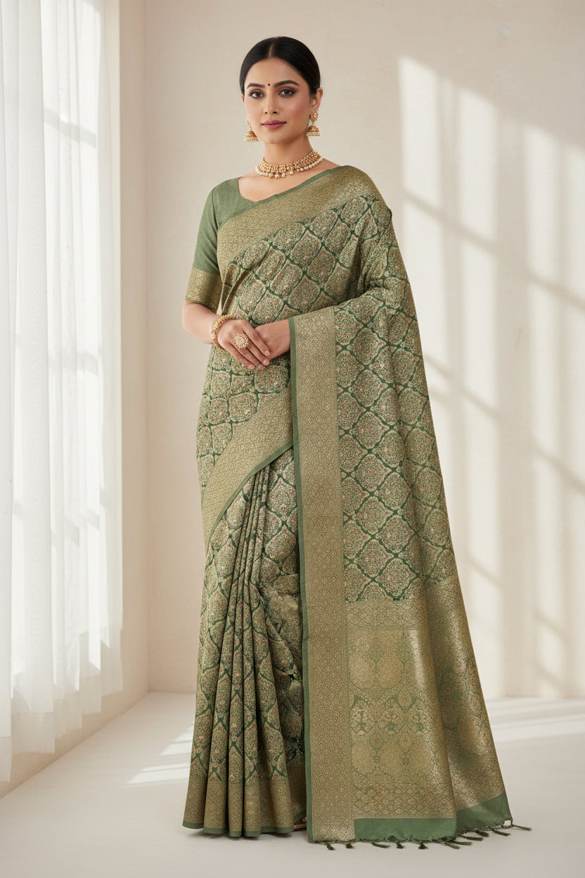 Green patterned fabric on a white background