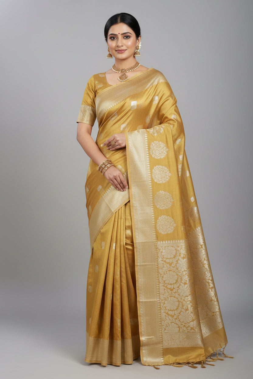 Gold and silver patterned fabric on a textured gray background