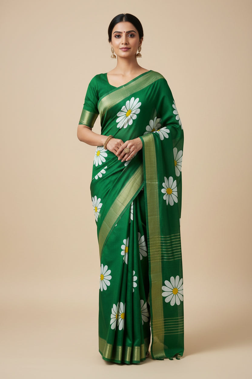 green mul-mul bagru cotton saree