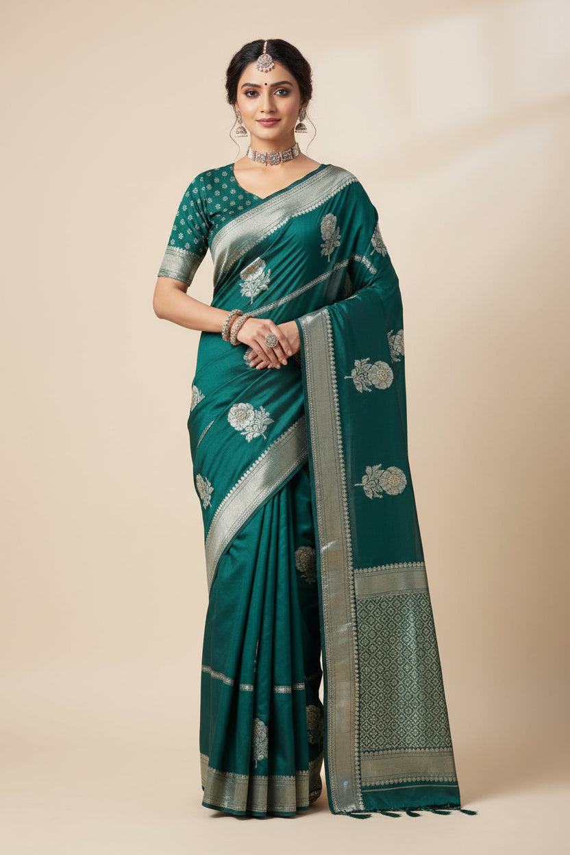 Green fabric with floral embroidery on a white background