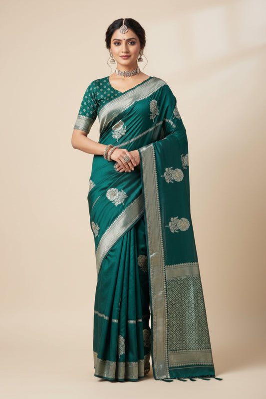 Green fabric with floral embroidery on a white background