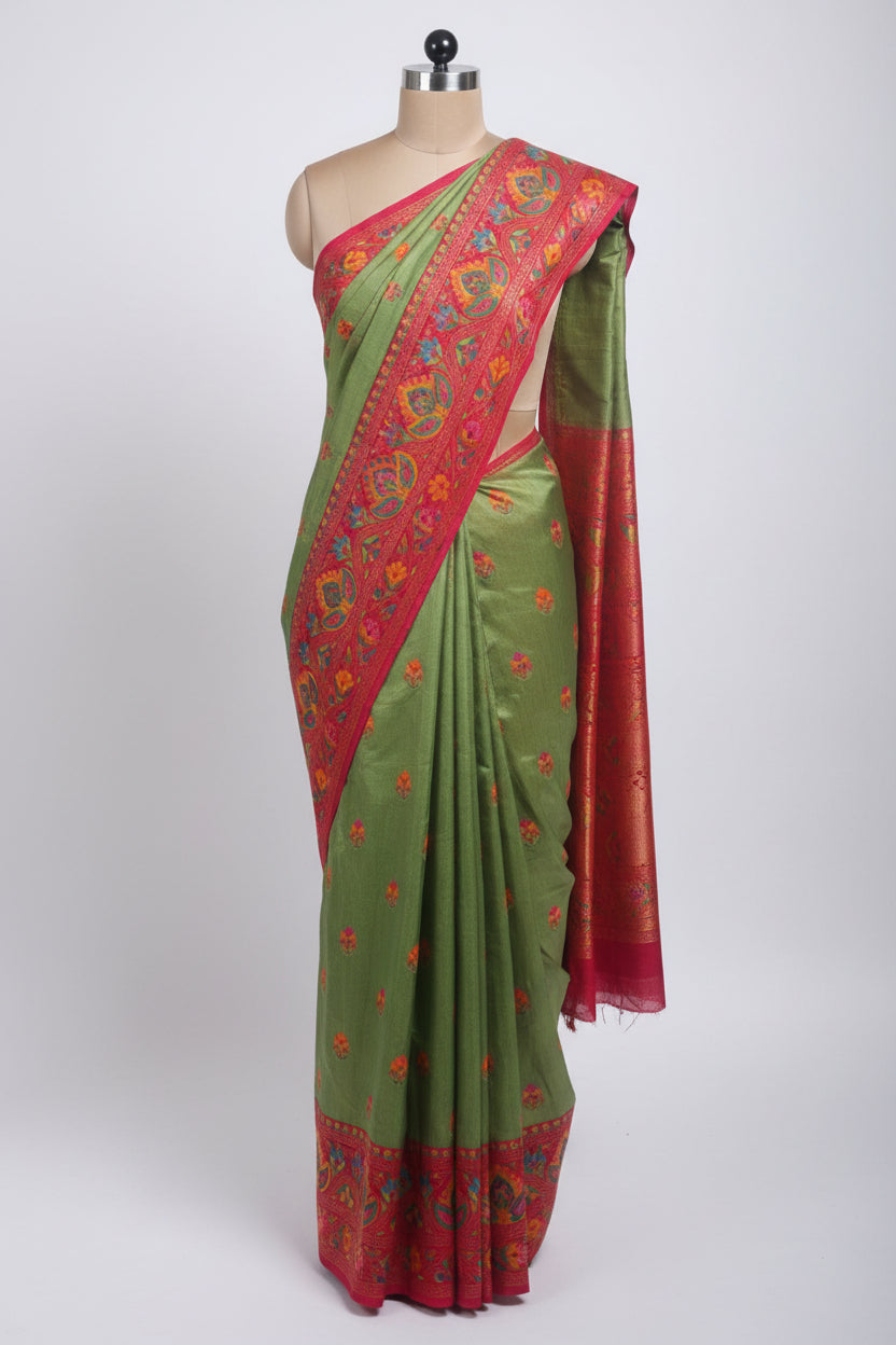 green in red satin crape pashimna saree