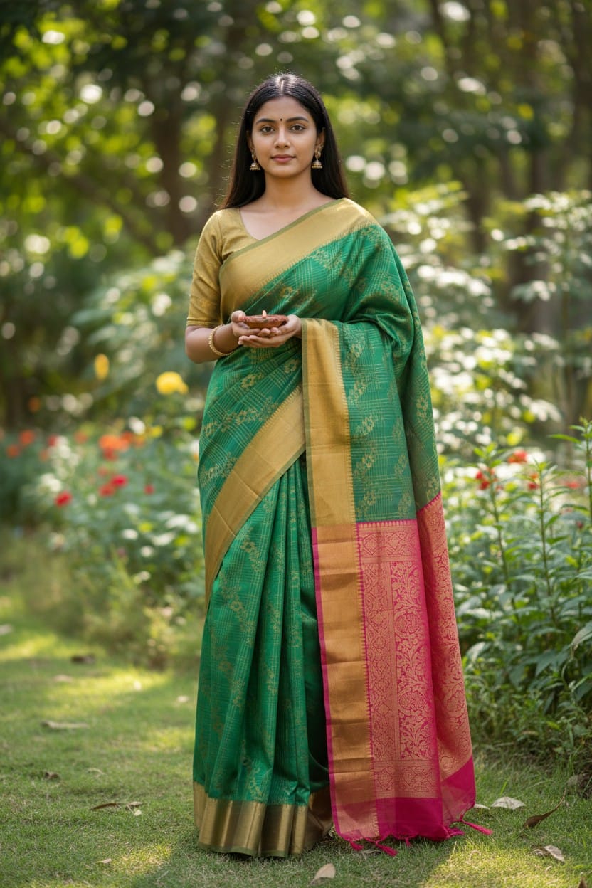green semi silk saree with kanchi border