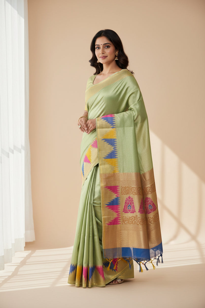 Colorful fabric with geometric pattern on a gray background