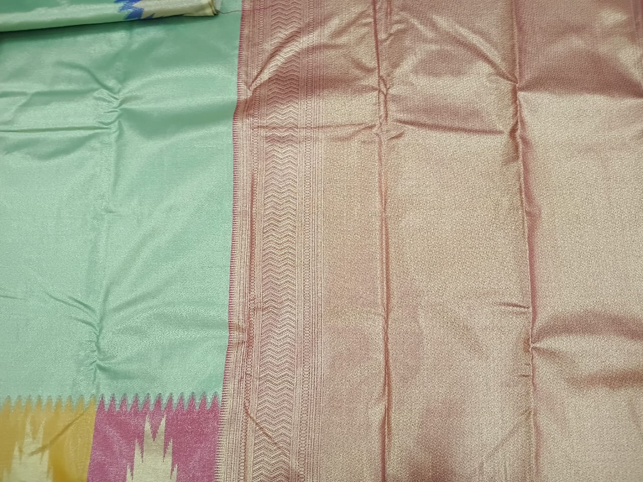 green semi silk temple border saree
