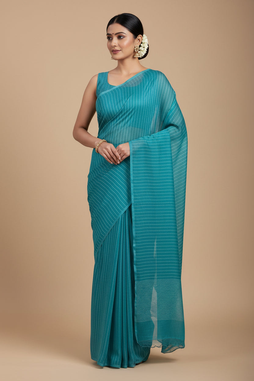 Teal fabric with white stripes on a gray background