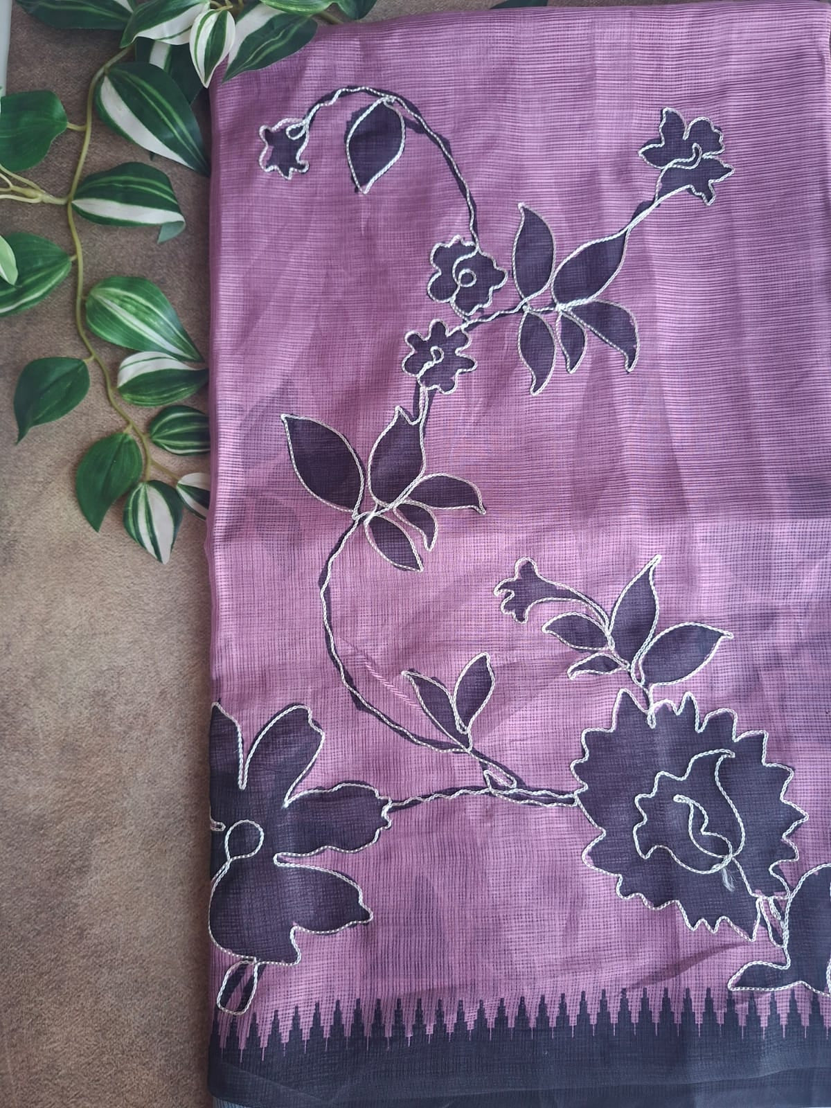 purple kota tissue aplic work saree