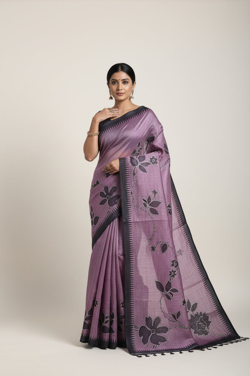 Woman wearing a purple saree with black floral patterns on a plain background