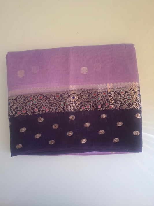 lavender green mango with dark blue border saree