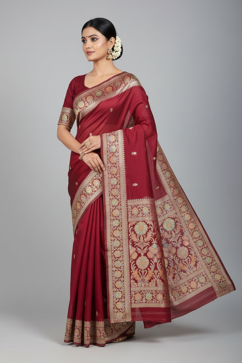 Red saree with floral patterns on a textured surface