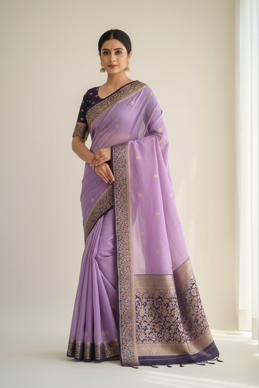 lavender green mango with dark blue border saree
