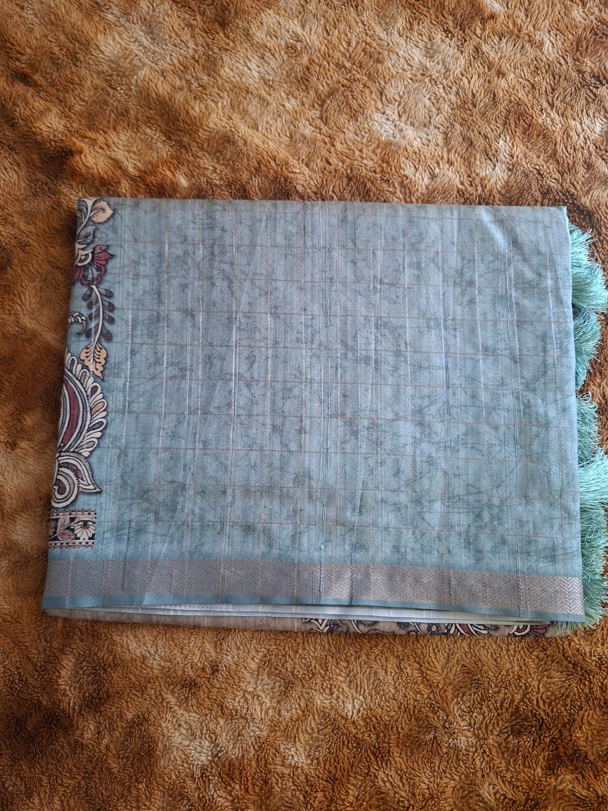 lavender and brown semi tussur big motif saree