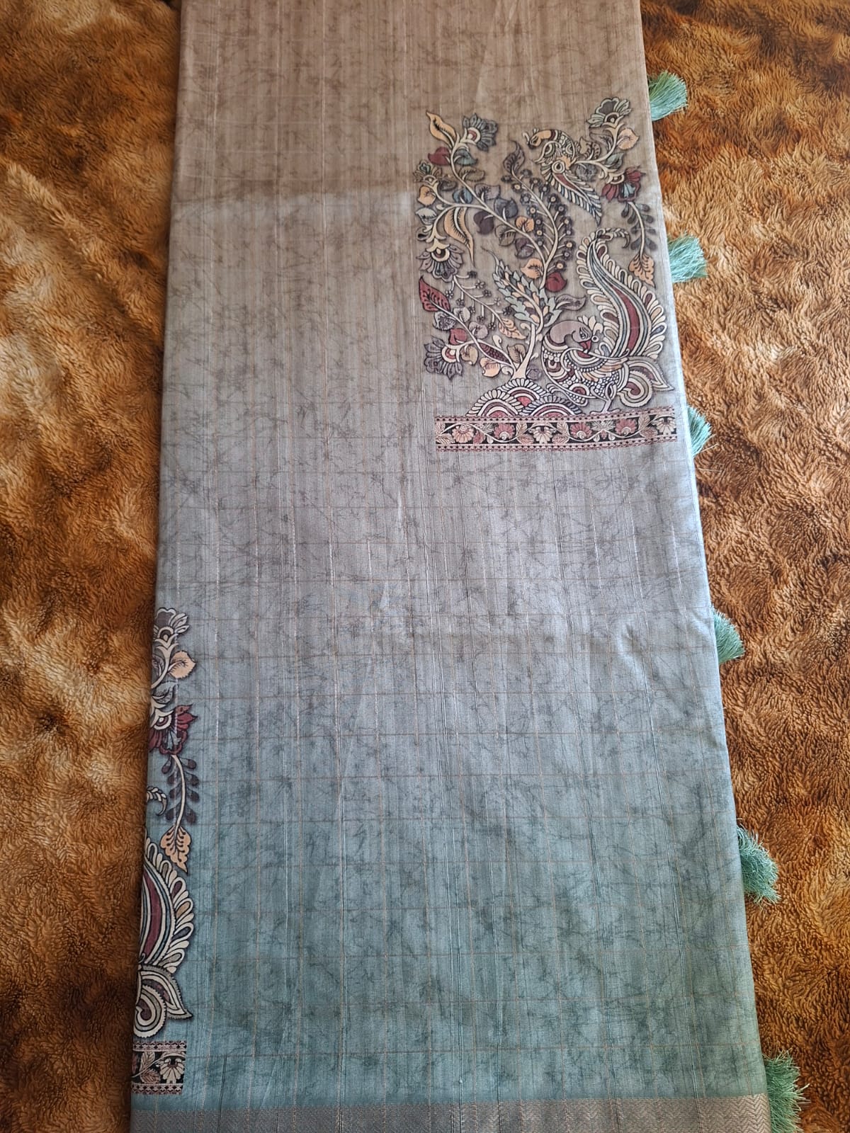 lavender and brown semi tussur big motif saree