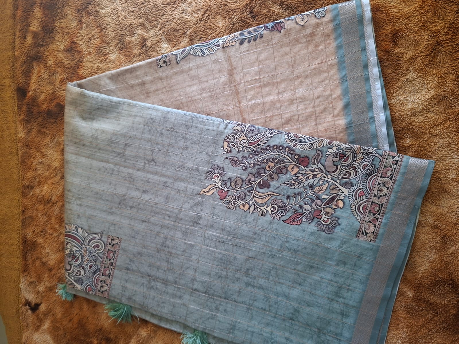 lavender and brown semi tussur big motif saree