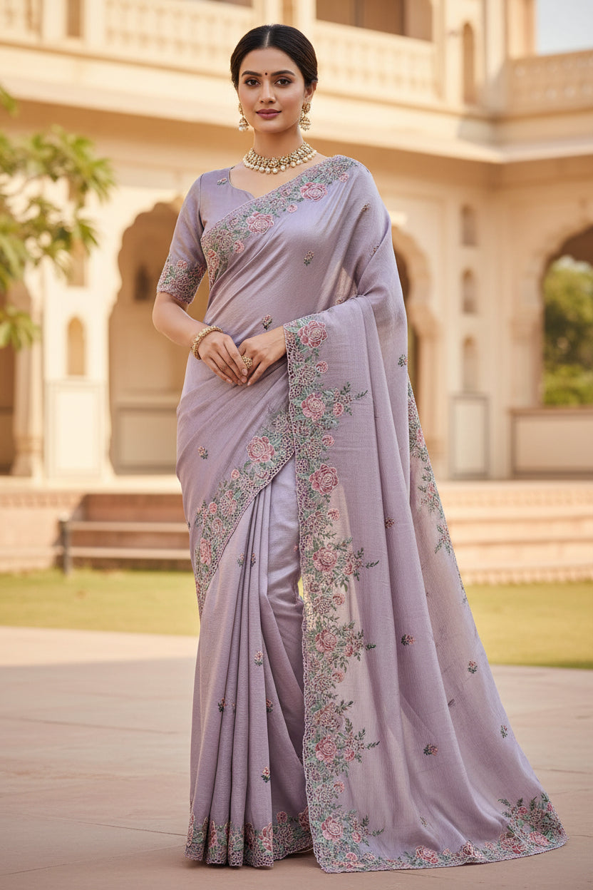 Purple fabric with floral embroidery on a brown textured background