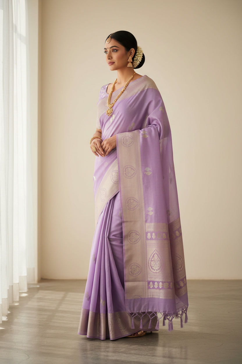 Purple saree with white patterns on a brown background