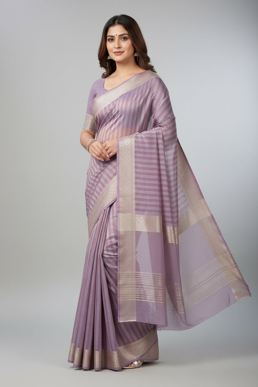 Striped fabric with a decorative border on a brown textured background