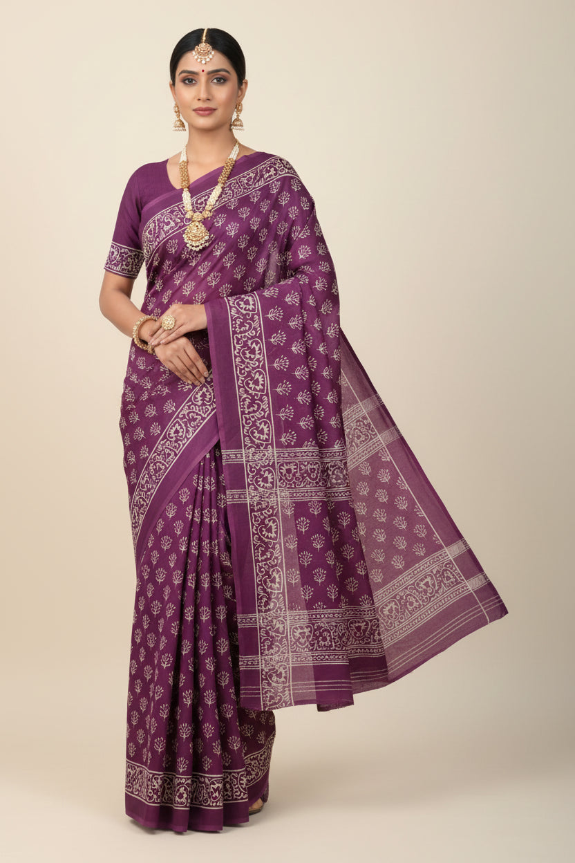 Purple fabric with white floral pattern on a beige background